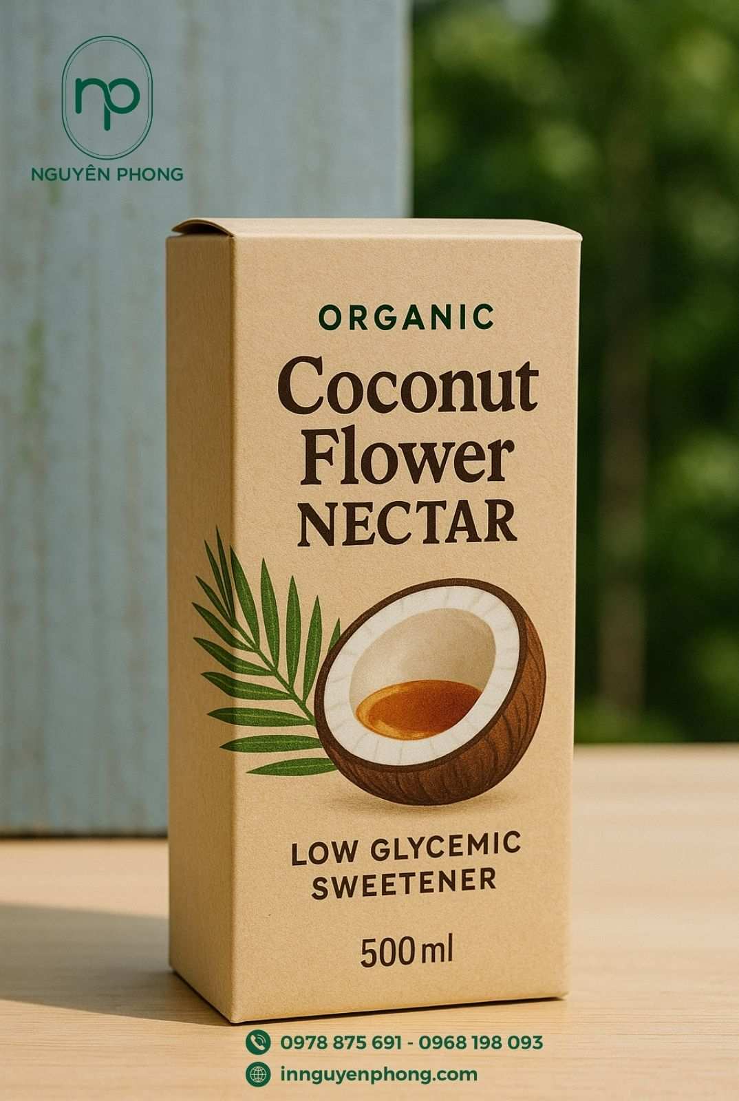 Mẫu hộp đựng mật hoa dừa in hình minh họa